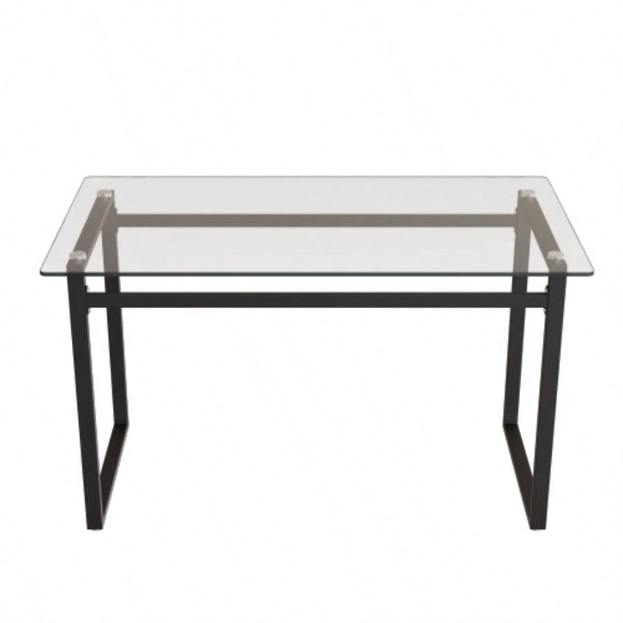 51 Modern Minimalist Rectangular Glass Dining Table 4 - 6 with 0.31 Tempered Glass Tabletop and Black Metal, Writing Table Desk, Kitchen Dining Living Room 0 damage