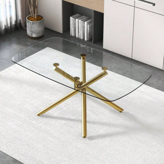 Large Modern Minimalist Rectangular Glass Dining Table with 0.39 Tempered Glass Top and Gilded Metal Kitchen, Dining Room, Living Room, Meeting Room, Ballroom 71x 35.4x 30