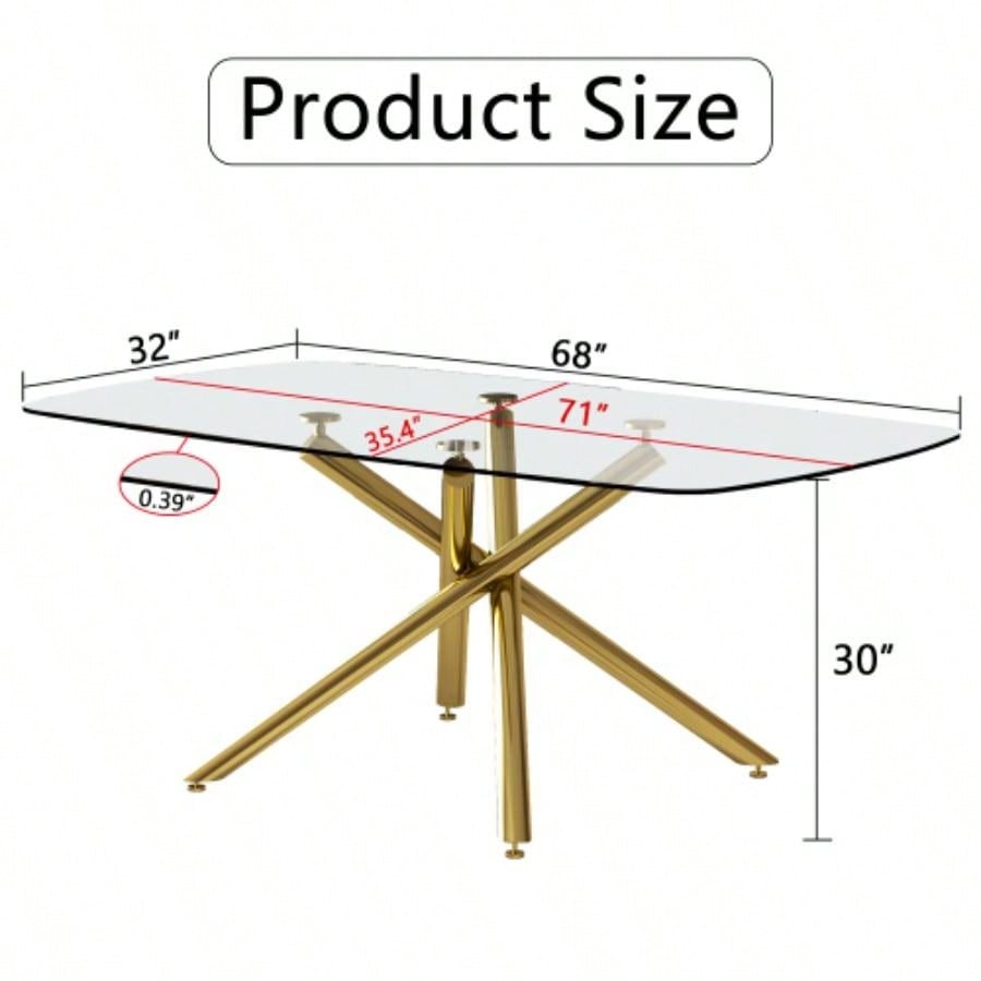 Large Modern Minimalist Rectangular Glass Dining Table with 0.39 Tempered Glass Top and Gilded Metal Kitchen, Dining Room, Living Room, Meeting Room, Ballroom 71x 35.4x 30