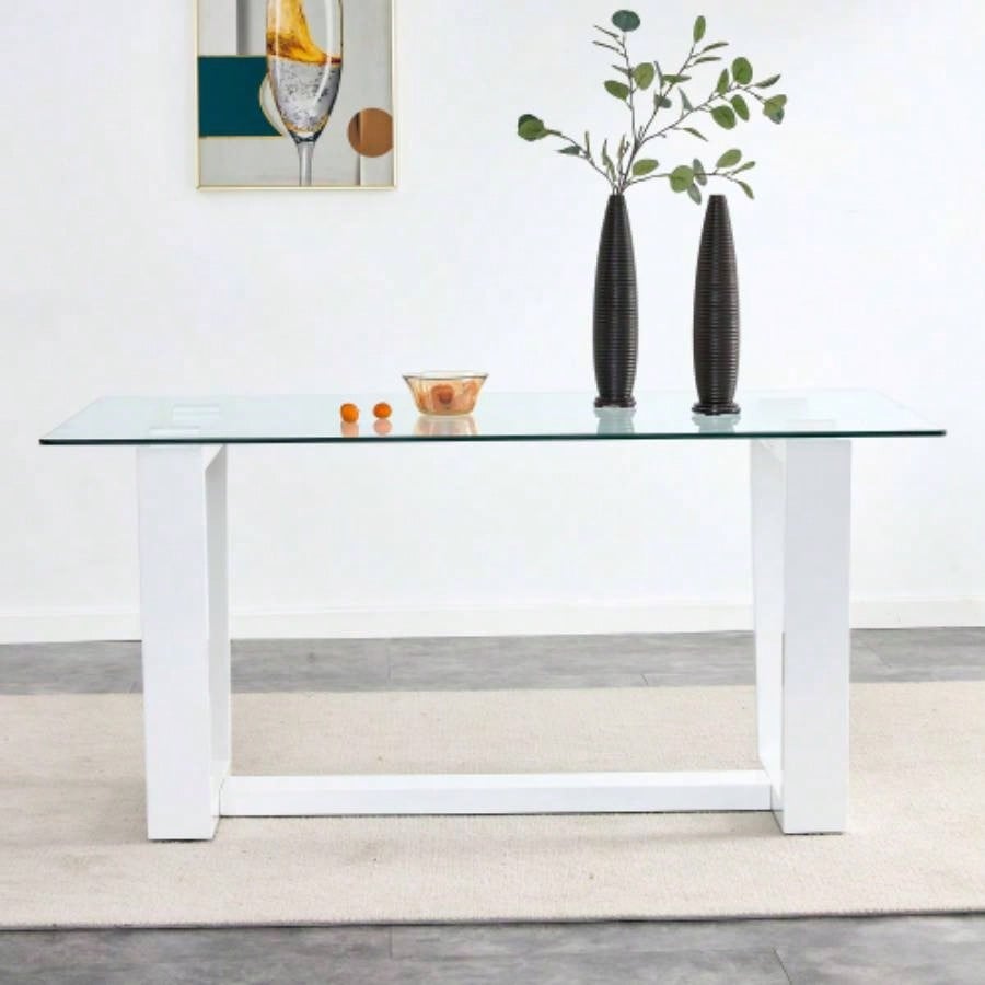 Glass Dining Table Large Modern Minimalist Rectangular 6 - 8 with 0.4 Tempered Glass Tabletop and white MDF Trapezoid Bracket, Kitchen Dining Living Meeting Room Banquet Hall F - 1550 W1151S00323