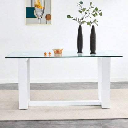 Glass Dining Table Large Modern Minimalist Rectangular 6 - 8 with 0.4 Tempered Glass Tabletop and white MDF Trapezoid Bracket, Kitchen Dining Living Meeting Room Banquet Hall F - 1550 W1151S00323
