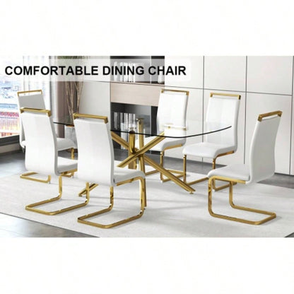 Large Modern Minimalist Rectangular Glass Dining Table with 0.39 Tempered Glass Top and Gilded Metal Kitchen, Dining Room, Living Room, Meeting Room, Ballroom 71x 35.4x 30
