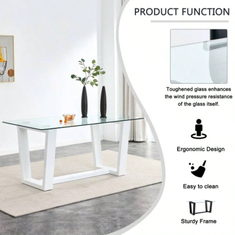 Glass Dining Table Large Modern Minimalist Rectangular 6 - 8 with 0.4 Tempered Glass Tabletop and white MDF Trapezoid Bracket, Kitchen Dining Living Meeting Room Banquet Hall F - 1550 W1151S00323