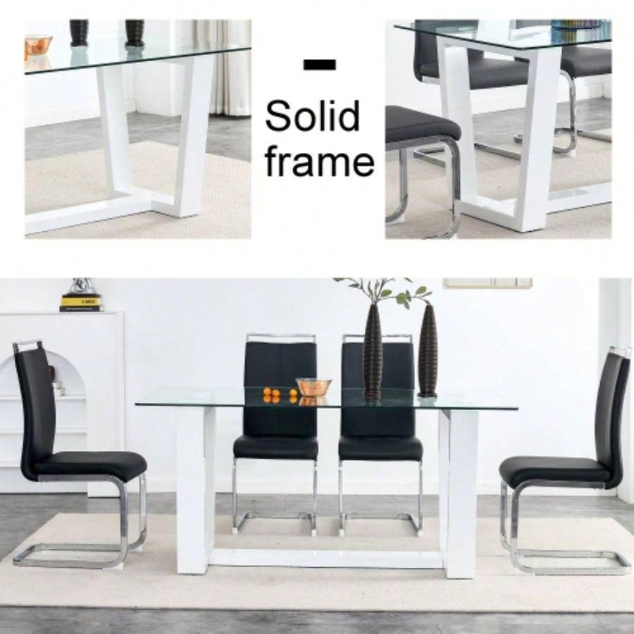 Glass Dining Table Large Modern Minimalist Rectangular 6 - 8 with 0.4 Tempered Glass Tabletop and white MDF Trapezoid Bracket, Kitchen Dining Living Meeting Room Banquet Hall F - 1550 W1151S00323