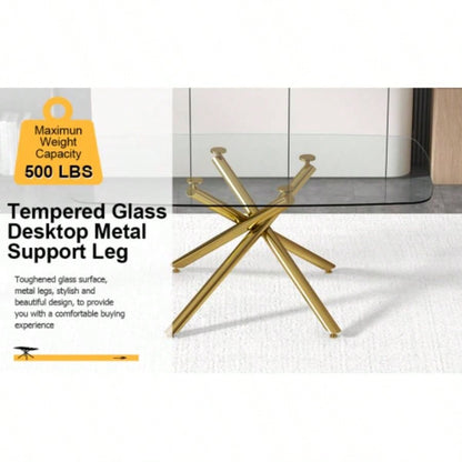 Large Modern Minimalist Rectangular Glass Dining Table with 0.39 Tempered Glass Top and Gilded Metal Kitchen, Dining Room, Living Room, Meeting Room, Ballroom 71x 35.4x 30