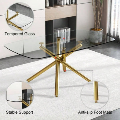 Large Modern Minimalist Rectangular Glass Dining Table with 0.39 Tempered Glass Top and Gilded Metal Kitchen, Dining Room, Living Room, Meeting Room, Ballroom 71x 35.4x 30