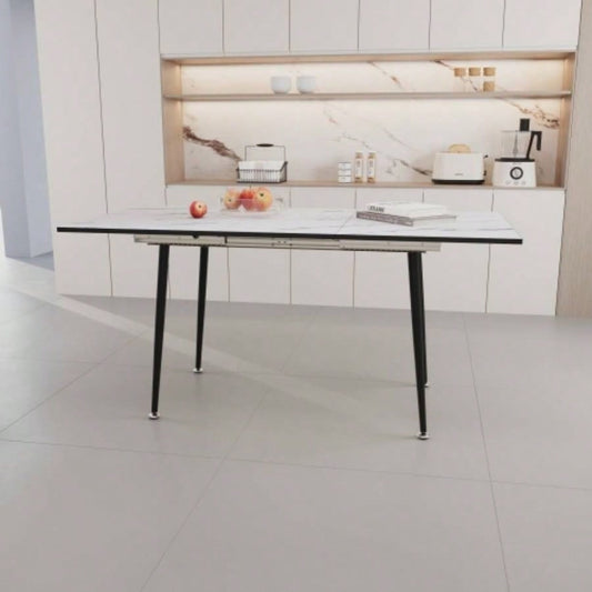 47 expandable to 63 inch MDF square white marble patterned dining table, modern industrial kitchen and dining table, equipped with tapered black metal