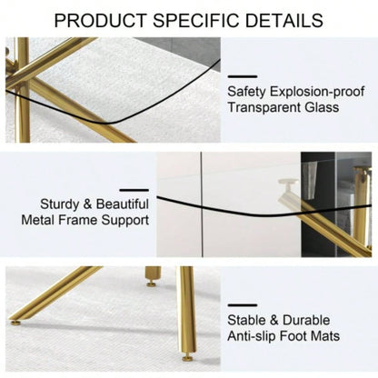 Large Modern Minimalist Rectangular Glass Dining Table with 0.39 Tempered Glass Top and Gilded Metal Kitchen, Dining Room, Living Room, Meeting Room, Ballroom 71x 35.4x 30
