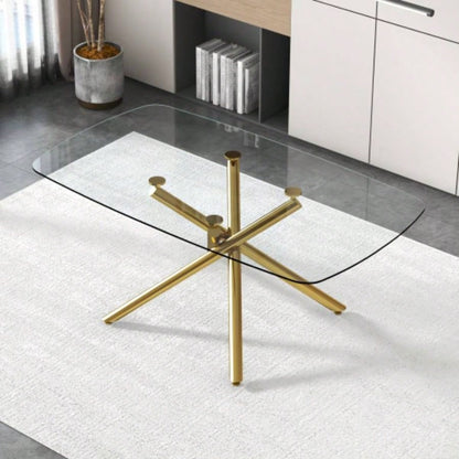 Large Modern Minimalist Rectangular Glass Dining Table with 0.39 Tempered Glass Top and Gilded Metal Kitchen, Dining Room, Living Room, Meeting Room, Ballroom 71x 35.4x 30