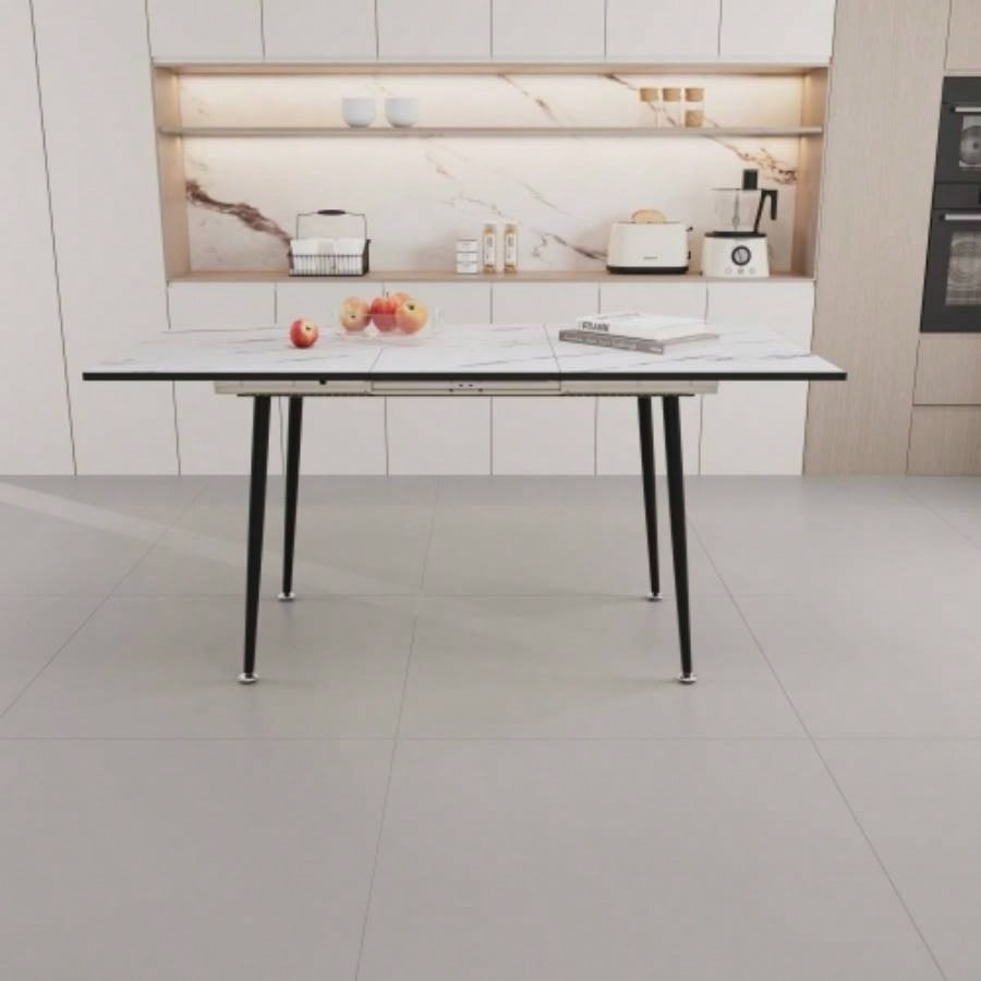 47 expandable to 63 inch MDF square white marble patterned dining table, modern industrial kitchen and dining table, equipped with tapered black metal