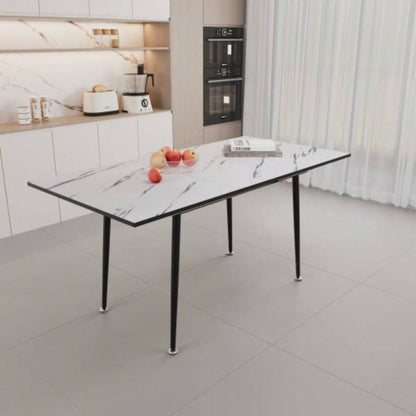 47 expandable to 63 inch MDF square white marble patterned dining table, modern industrial kitchen and dining table, equipped with tapered black metal