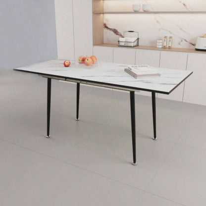 47 expandable to 63 inch MDF square white marble patterned dining table, modern industrial kitchen and dining table, equipped with tapered black metal