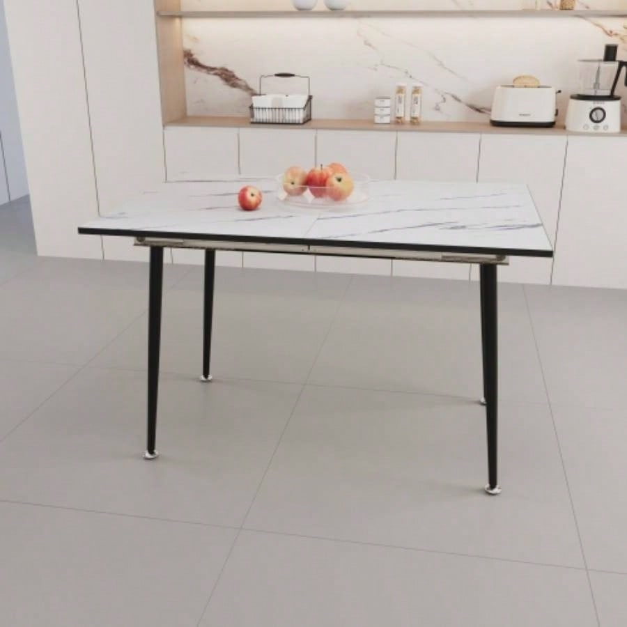 47 expandable to 63 inch MDF square white marble patterned dining table, modern industrial kitchen and dining table, equipped with tapered black metal