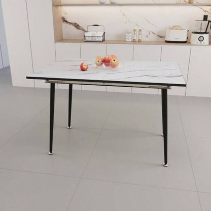 47 expandable to 63 inch MDF square white marble patterned dining table, modern industrial kitchen and dining table, equipped with tapered black metal