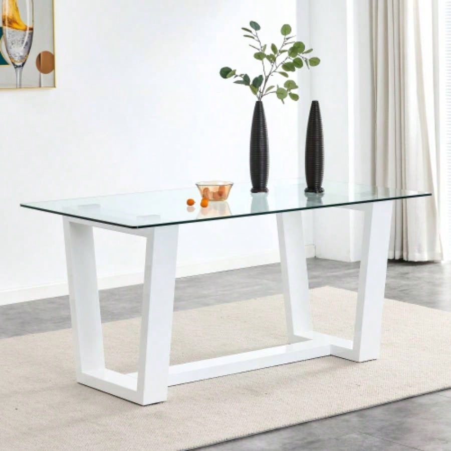 Glass Dining Table Large Modern Minimalist Rectangular 6 - 8 with 0.4 Tempered Glass Tabletop and white MDF Trapezoid Bracket, Kitchen Dining Living Meeting Room Banquet Hall F - 1550 W1151S00323