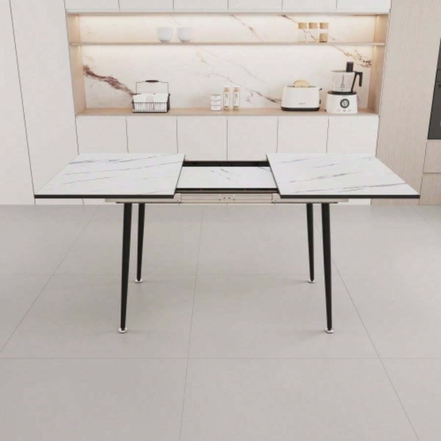 47 expandable to 63 inch MDF square white marble patterned dining table, modern industrial kitchen and dining table, equipped with tapered black metal