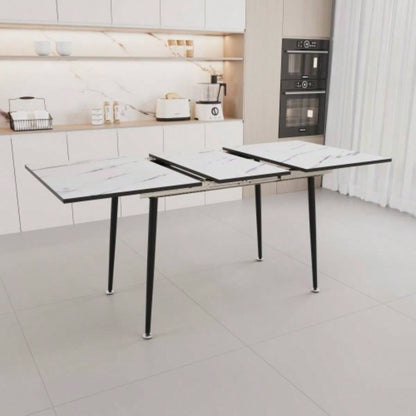 47 expandable to 63 inch MDF square white marble patterned dining table, modern industrial kitchen and dining table, equipped with tapered black metal