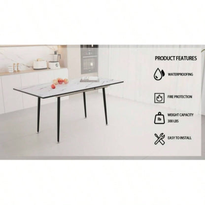 47 expandable to 63 inch MDF square white marble patterned dining table, modern industrial kitchen and dining table, equipped with tapered black metal