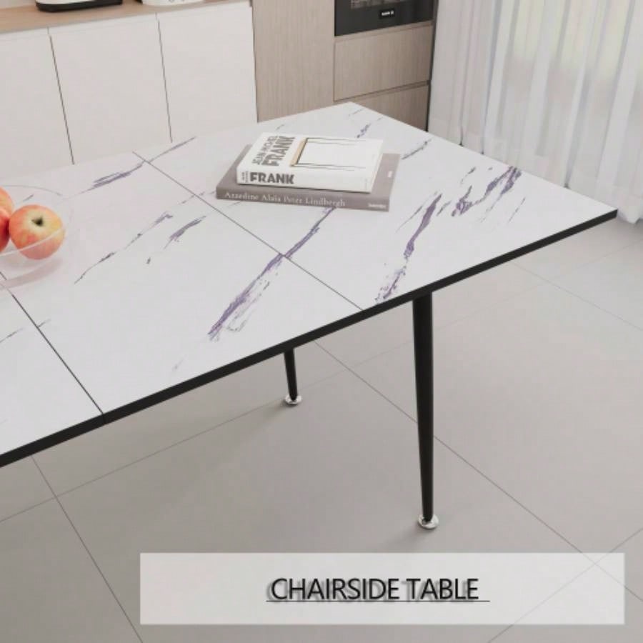 47 expandable to 63 inch MDF square white marble patterned dining table, modern industrial kitchen and dining table, equipped with tapered black metal