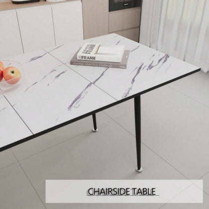 47 expandable to 63 inch MDF square white marble patterned dining table, modern industrial kitchen and dining table, equipped with tapered black metal