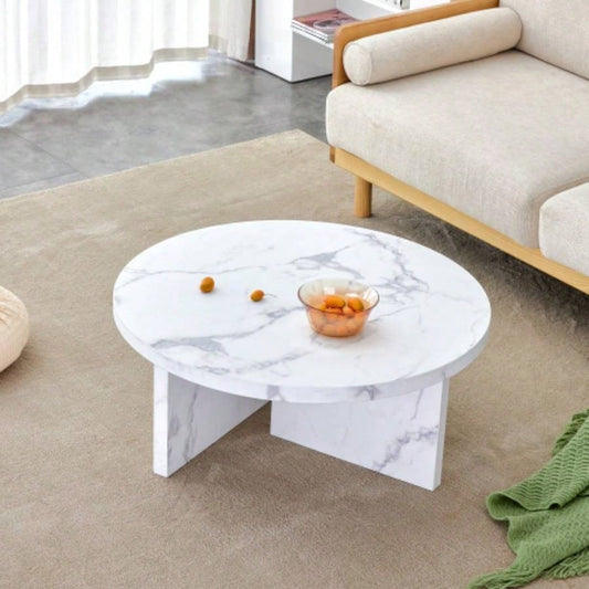 A white MDF material circular patterned coffee table, a 31.4 - inch white center table, modern coffee table, suitable small spaces and living rooms.