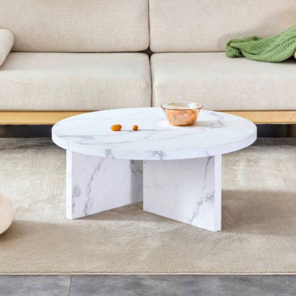 A white MDF material circular patterned coffee table, a 31.4 - inch white center table, modern coffee table, suitable small spaces and living rooms.