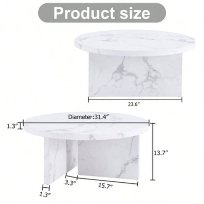A white MDF material circular patterned coffee table, a 31.4 - inch white center table, modern coffee table, suitable small spaces and living rooms.