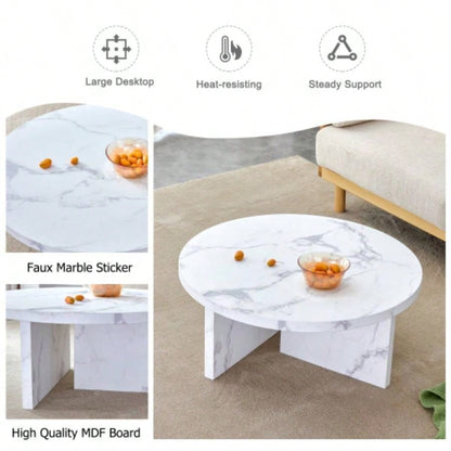 A white MDF material circular patterned coffee table, a 31.4 - inch white center table, modern coffee table, suitable small spaces and living rooms.