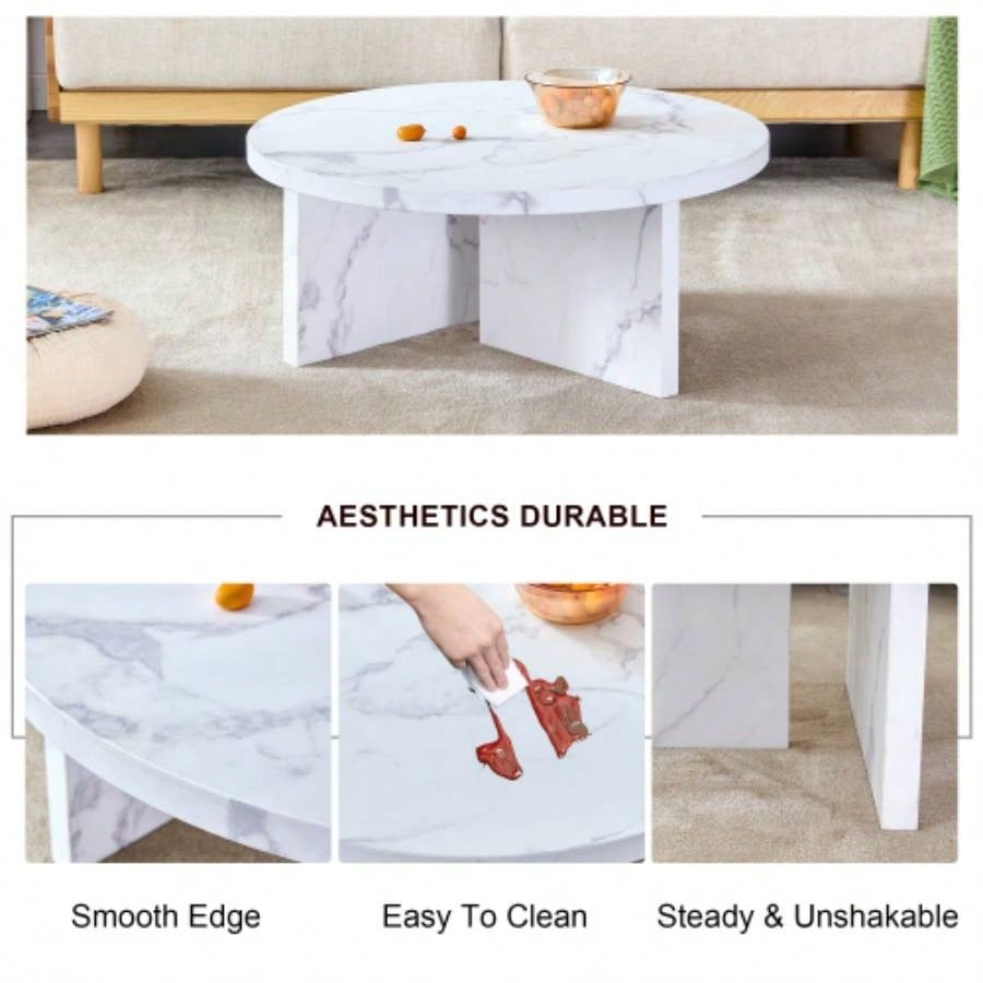 A white MDF material circular patterned coffee table, a 31.4 - inch white center table, modern coffee table, suitable small spaces and living rooms.