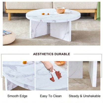 A white MDF material circular patterned coffee table, a 31.4 - inch white center table, modern coffee table, suitable small spaces and living rooms.