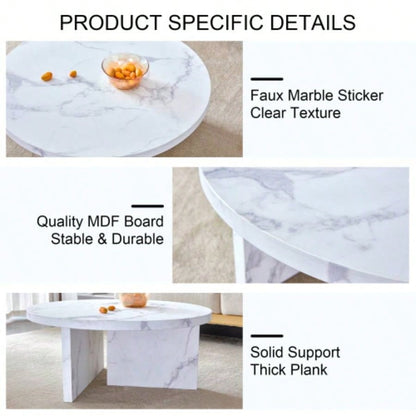 A white MDF material circular patterned coffee table, a 31.4 - inch white center table, modern coffee table, suitable small spaces and living rooms.