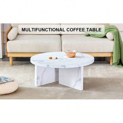 A white MDF material circular patterned coffee table, a 31.4 - inch white center table, modern coffee table, suitable small spaces and living rooms.