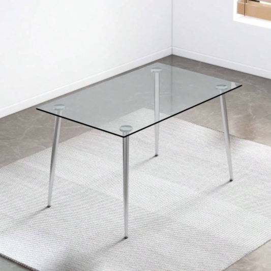 Modern Minimalist Rectangular Glass Dining Table 4 - 6 with 0.31 Tempered Glass Tabletop and Silver plating Metal, Kitchen Dining Living Room, 51 *31 30W1151S03177/W1151S03348