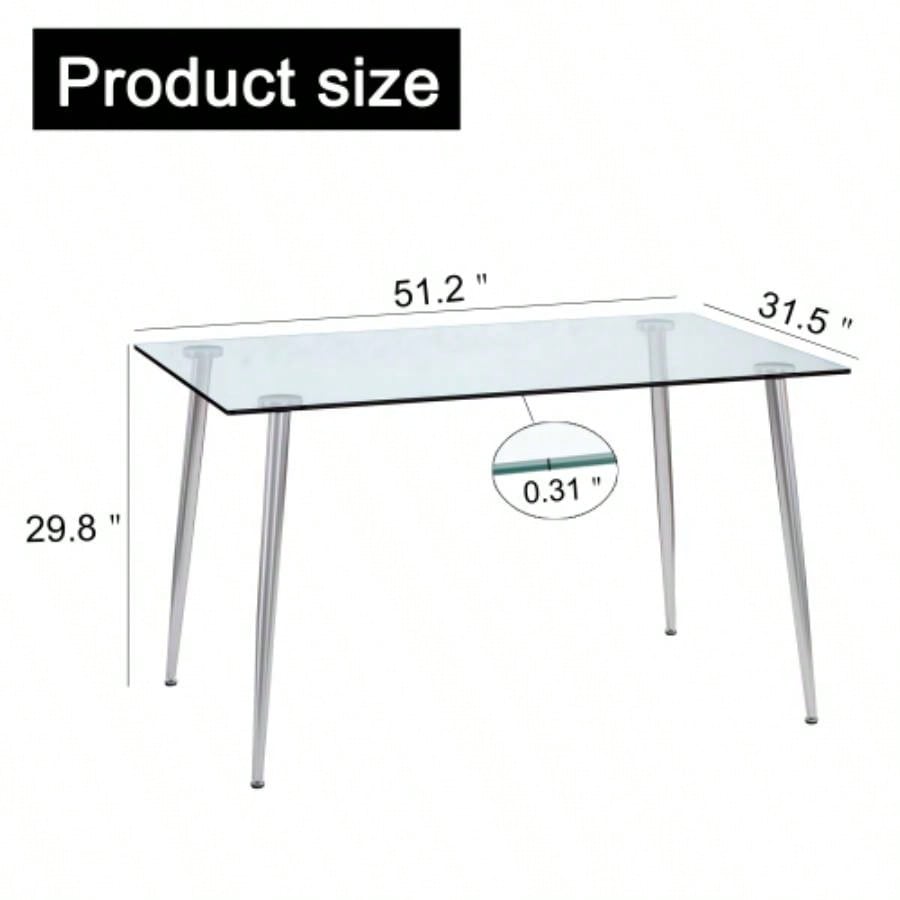 Modern Minimalist Rectangular Glass Dining Table 4 - 6 with 0.31 Tempered Glass Tabletop and Silver plating Metal, Kitchen Dining Living Room, 51 *31 30W1151S03177/W1151S03348