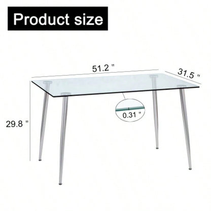 Modern Minimalist Rectangular Glass Dining Table 4 - 6 with 0.31 Tempered Glass Tabletop and Silver plating Metal, Kitchen Dining Living Room, 51 *31 30W1151S03177/W1151S03348