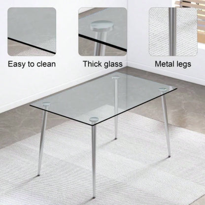 Modern Minimalist Rectangular Glass Dining Table 4 - 6 with 0.31 Tempered Glass Tabletop and Silver plating Metal, Kitchen Dining Living Room, 51 *31 30W1151S03177/W1151S03348