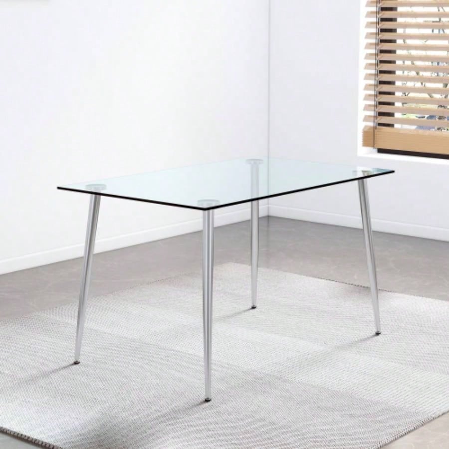 Modern Minimalist Rectangular Glass Dining Table 4 - 6 with 0.31 Tempered Glass Tabletop and Silver plating Metal, Kitchen Dining Living Room, 51 *31 30W1151S03177/W1151S03348