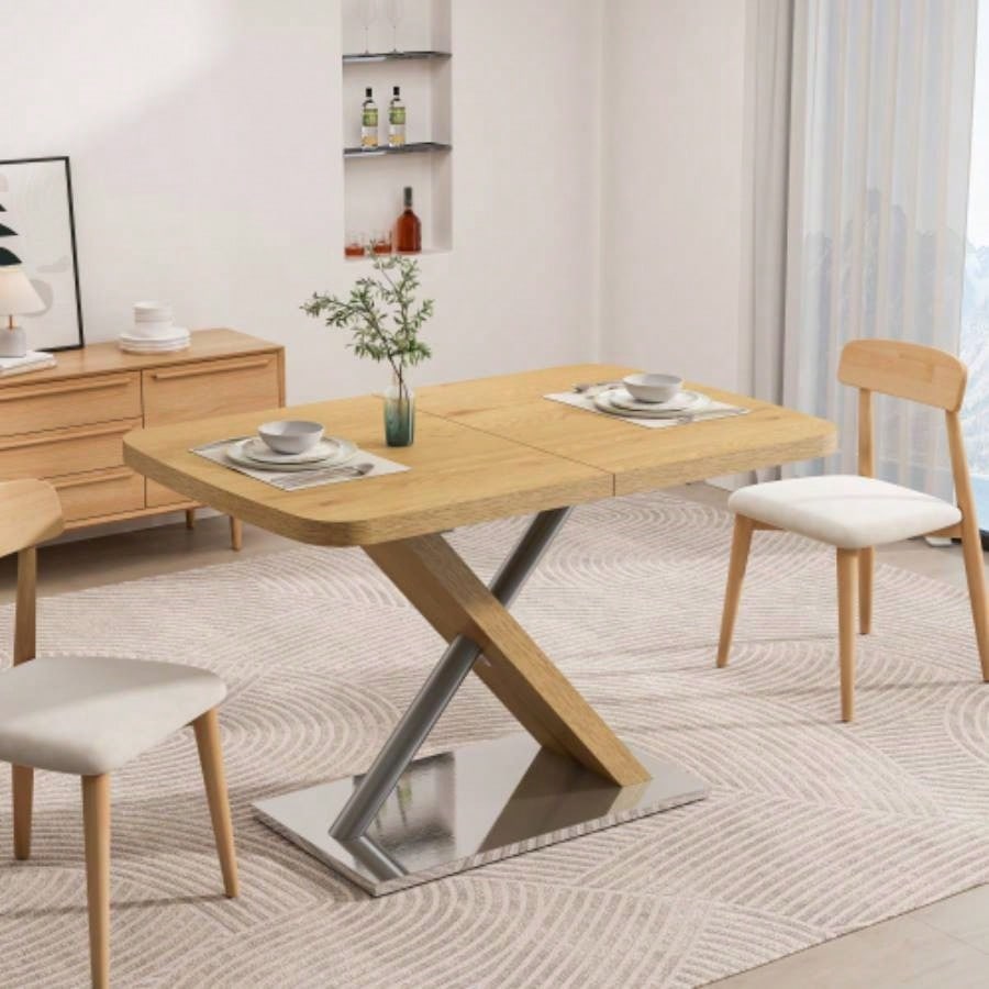 47.25 - 63 Dining Table, Wood Color, Seating 4 - 6 People, Retractable Table, Metal Base and Stainless Steel TubingNatural