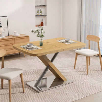 47.25 - 63 Dining Table, Wood Color, Seating 4 - 6 People, Retractable Table, Metal Base and Stainless Steel TubingNatural