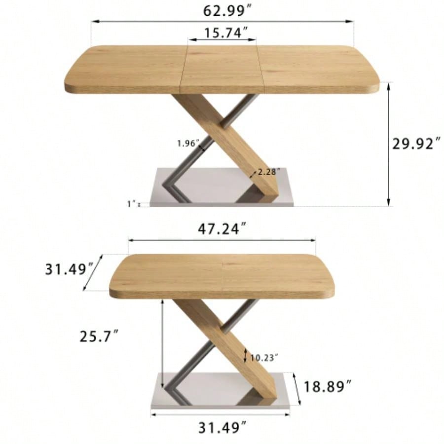 47.25 - 63 Dining Table, Wood Color, Seating 4 - 6 People, Retractable Table, Metal Base and Stainless Steel TubingNatural