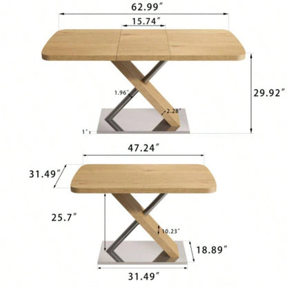 47.25 - 63 Dining Table, Wood Color, Seating 4 - 6 People, Retractable Table, Metal Base and Stainless Steel TubingNatural