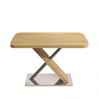 47.25 - 63 Dining Table, Wood Color, Seating 4 - 6 People, Retractable Table, Metal Base and Stainless Steel TubingNatural