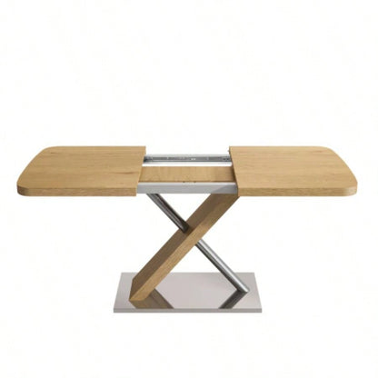 47.25 - 63 Dining Table, Wood Color, Seating 4 - 6 People, Retractable Table, Metal Base and Stainless Steel TubingNatural