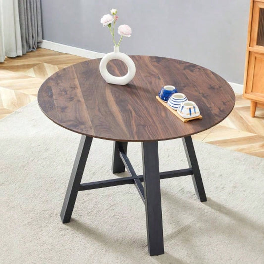 Modern minimalist round dining table and coffee table. 42 Inch Diameter MDF Table Top, Deep Wood Grain Table Top, Black Metal, Fits Home Office F - 1172