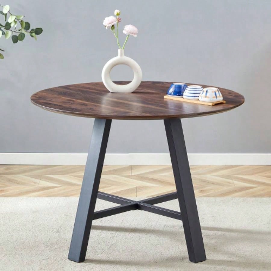 Modern minimalist round dining table and coffee table. 42 Inch Diameter MDF Table Top, Deep Wood Grain Table Top, Black Metal, Fits Home Office F - 1172