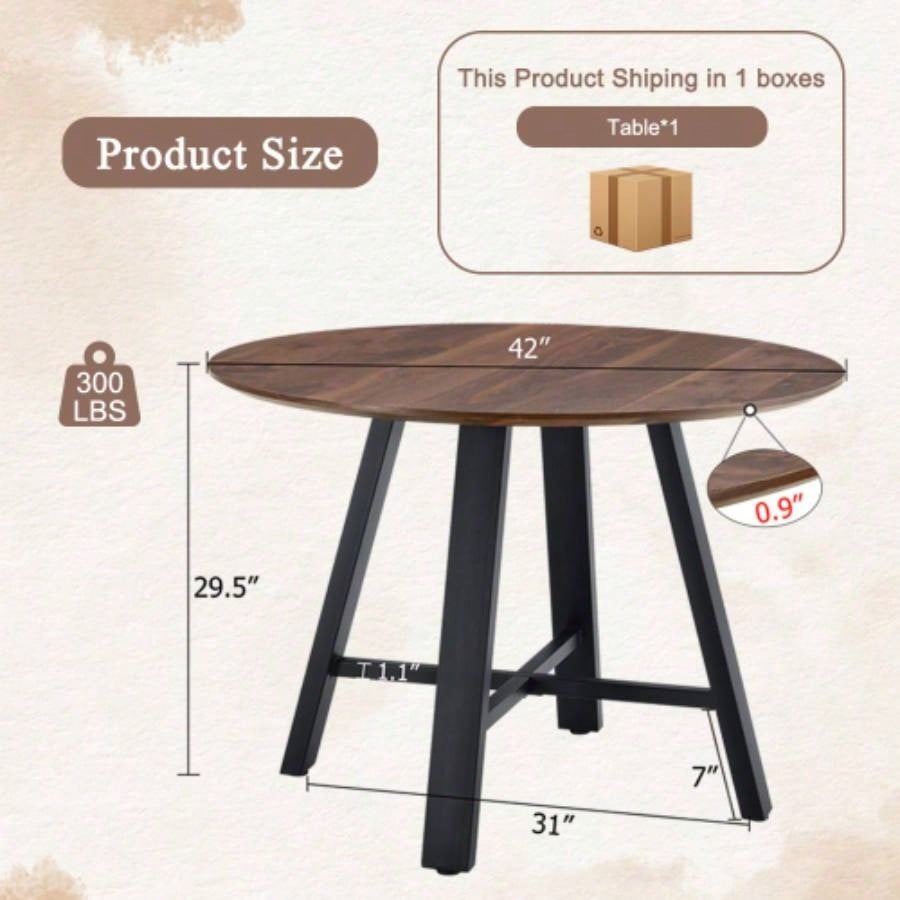 Modern minimalist round dining table and coffee table. 42 Inch Diameter MDF Table Top, Deep Wood Grain Table Top, Black Metal, Fits Home Office F - 1172