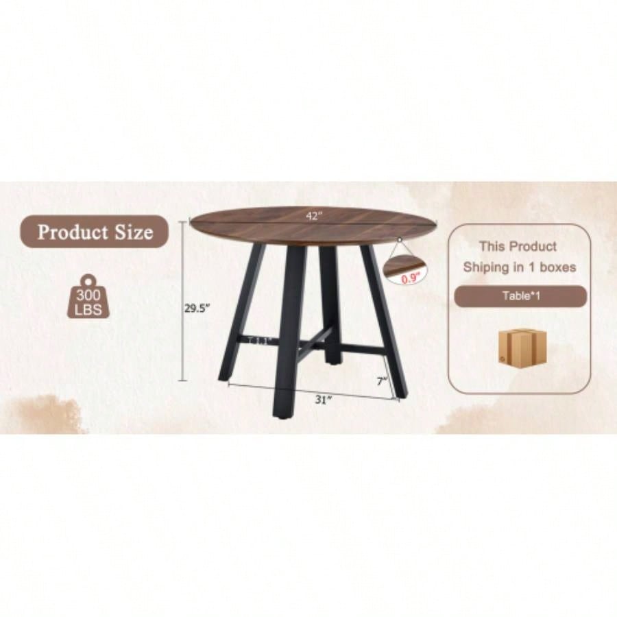 Modern minimalist round dining table and coffee table. 42 Inch Diameter MDF Table Top, Deep Wood Grain Table Top, Black Metal, Fits Home Office F - 1172