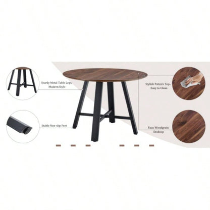 Modern minimalist round dining table and coffee table. 42 Inch Diameter MDF Table Top, Deep Wood Grain Table Top, Black Metal, Fits Home Office F - 1172
