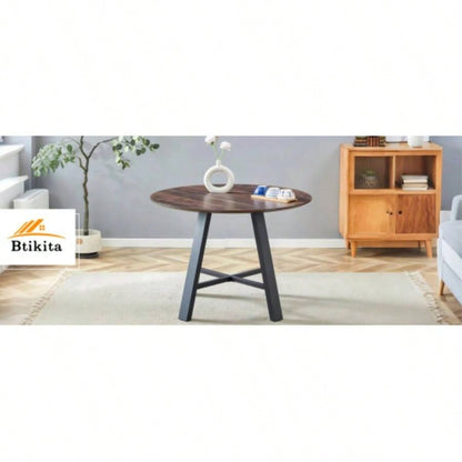 Modern minimalist round dining table and coffee table. 42 Inch Diameter MDF Table Top, Deep Wood Grain Table Top, Black Metal, Fits Home Office F - 1172