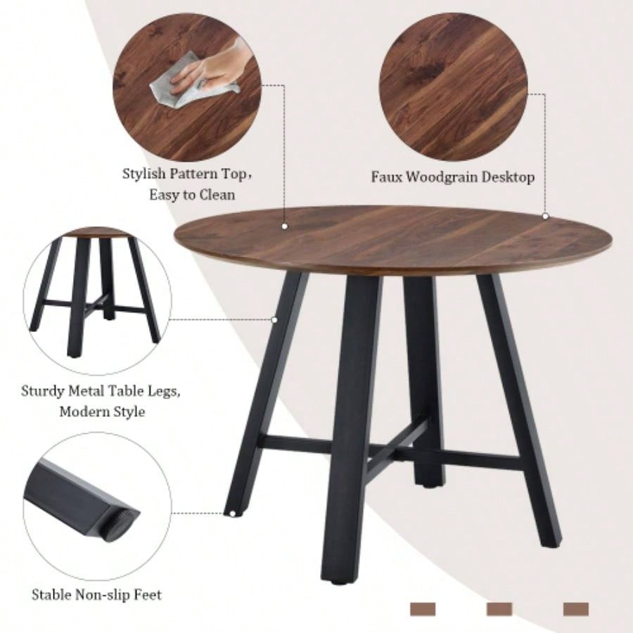 Modern minimalist round dining table and coffee table. 42 Inch Diameter MDF Table Top, Deep Wood Grain Table Top, Black Metal, Fits Home Office F - 1172